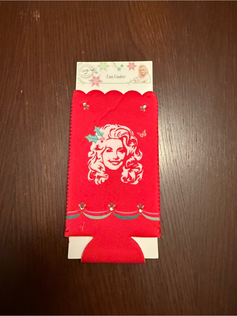 Dolly Parton Red Festive Can Cooler with Decorative Dolly Portrait